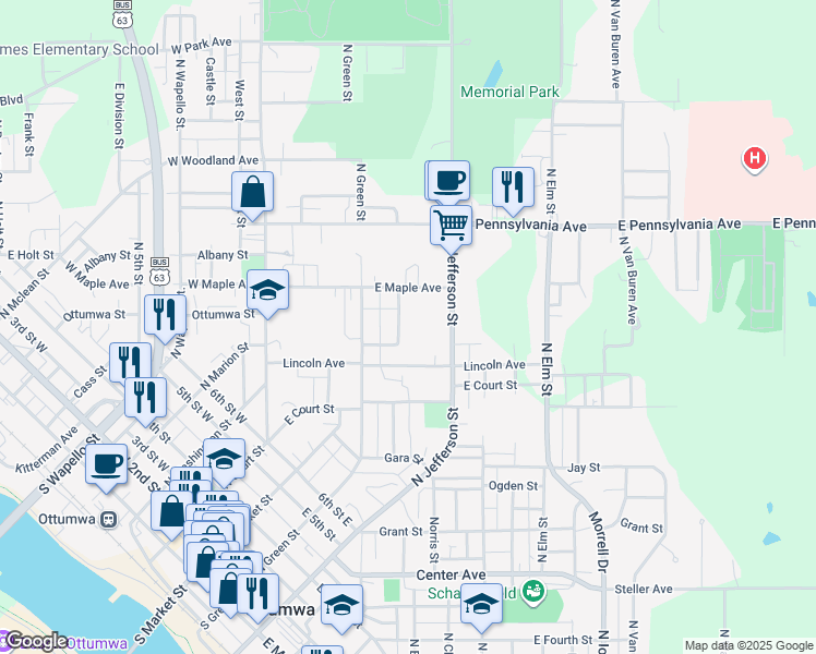 map of restaurants, bars, coffee shops, grocery stores, and more near 724-738 Camille Street in Ottumwa