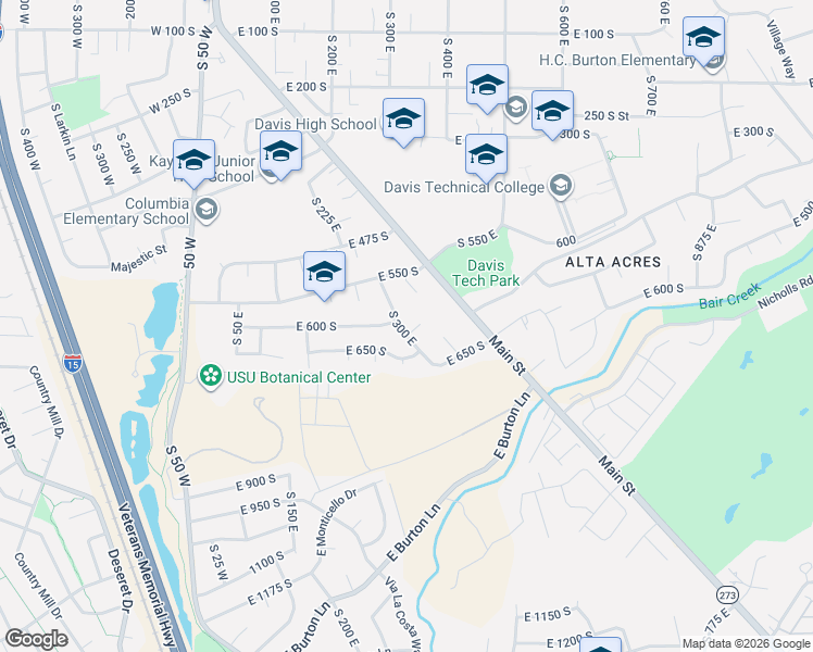 map of restaurants, bars, coffee shops, grocery stores, and more near 607 South 300 East in Kaysville