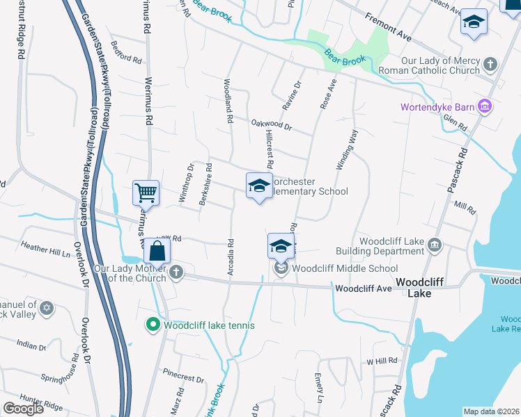map of restaurants, bars, coffee shops, grocery stores, and more near 100 Dorchester Road in Woodcliff Lake