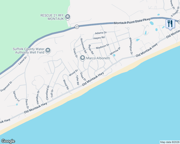 map of restaurants, bars, coffee shops, grocery stores, and more near 11 Wilson Court in Montauk