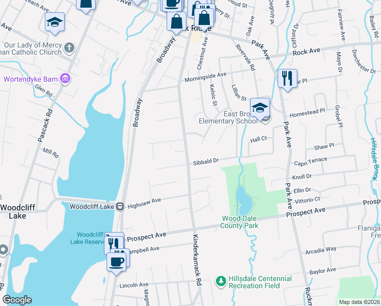 map of restaurants, bars, coffee shops, grocery stores, and more near 12 Kinderkamack Road in Park Ridge
