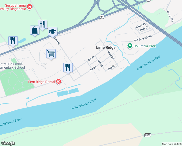 map of restaurants, bars, coffee shops, grocery stores, and more near 6385 3rd St in Bloomsburg
