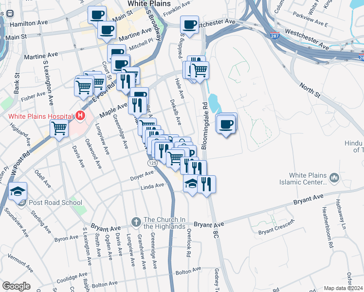 map of restaurants, bars, coffee shops, grocery stores, and more near 75 Livingston Avenue in White Plains
