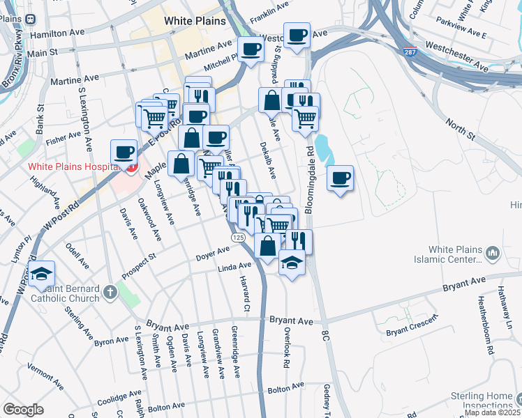 map of restaurants, bars, coffee shops, grocery stores, and more near 155 South Broadway in White Plains