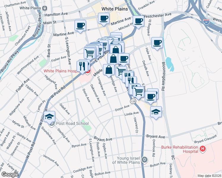map of restaurants, bars, coffee shops, grocery stores, and more near 30 Greenridge Avenue in White Plains
