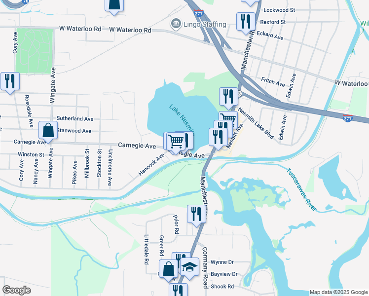 map of restaurants, bars, coffee shops, grocery stores, and more near 669 Carnegie Avenue in Akron