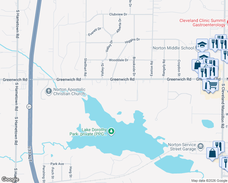 map of restaurants, bars, coffee shops, grocery stores, and more near 3552 Greenwich Road in Norton