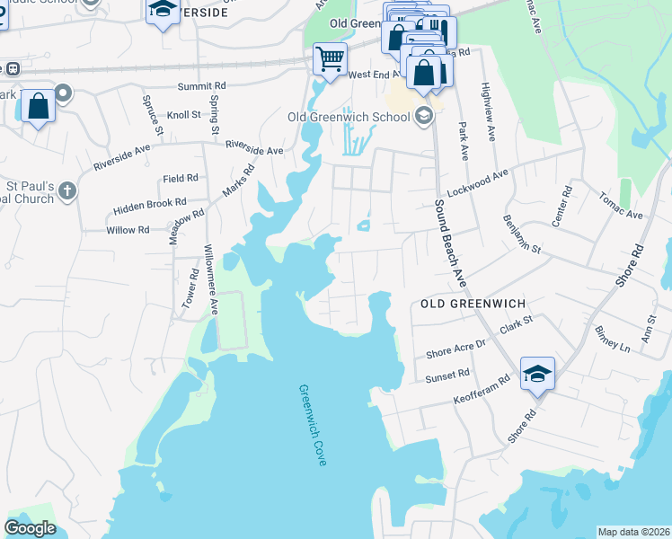 map of restaurants, bars, coffee shops, grocery stores, and more near 5 Grimes Road in Greenwich