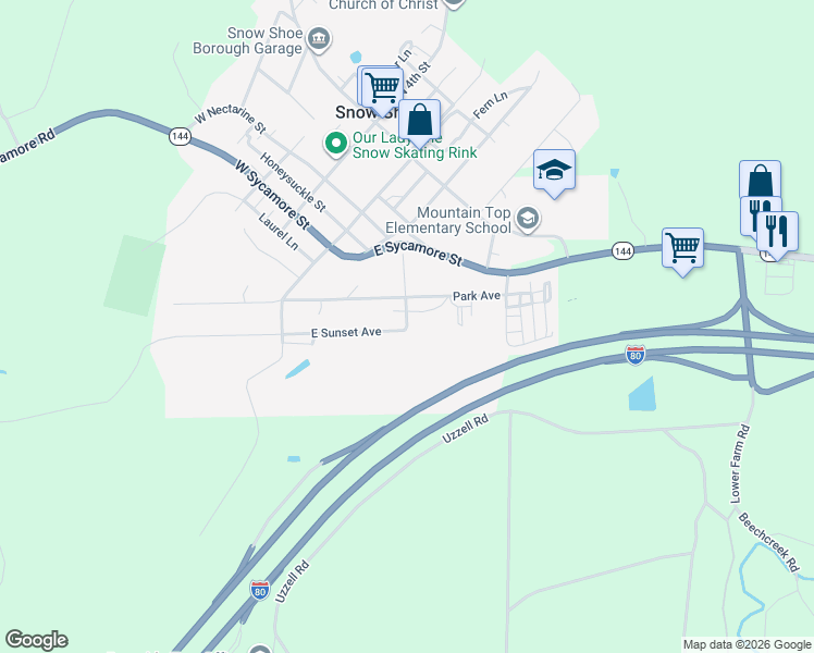 map of restaurants, bars, coffee shops, grocery stores, and more near 299 E Sunset Ave in Snow Shoe