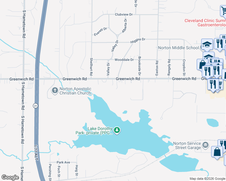 map of restaurants, bars, coffee shops, grocery stores, and more near 3552 Greenwich Road in Norton