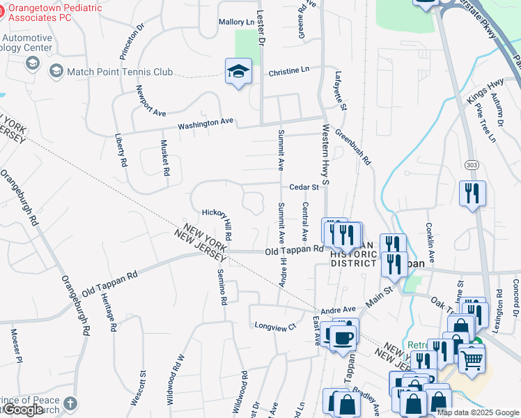 map of restaurants, bars, coffee shops, grocery stores, and more near 77 Hickory Hill Lane in Tappan