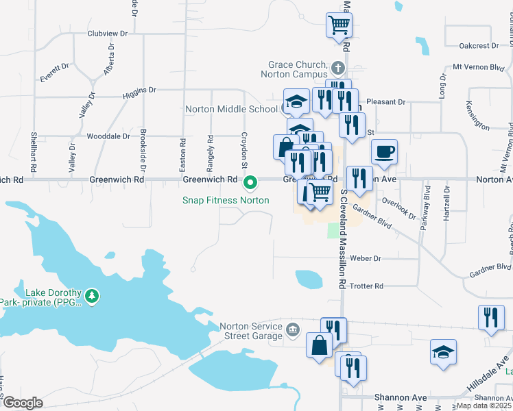 map of restaurants, bars, coffee shops, grocery stores, and more near 3345 Columbia Woods Drive in Norton