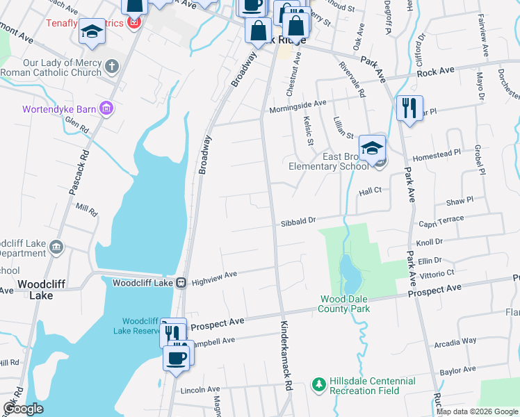 map of restaurants, bars, coffee shops, grocery stores, and more near 12 Kinderkamack Road in Park Ridge