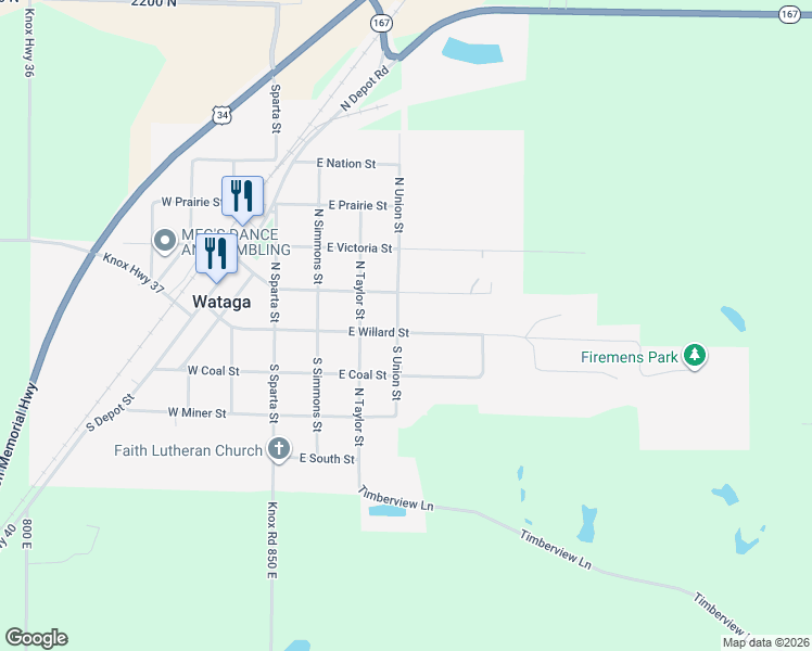 map of restaurants, bars, coffee shops, grocery stores, and more near 113 North Union Street in Wataga