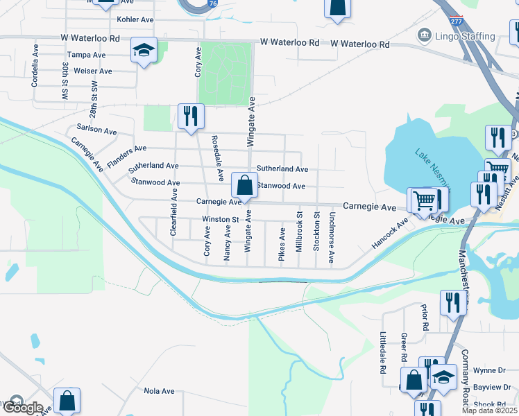 map of restaurants, bars, coffee shops, grocery stores, and more near 953 Carnegie Avenue in Akron
