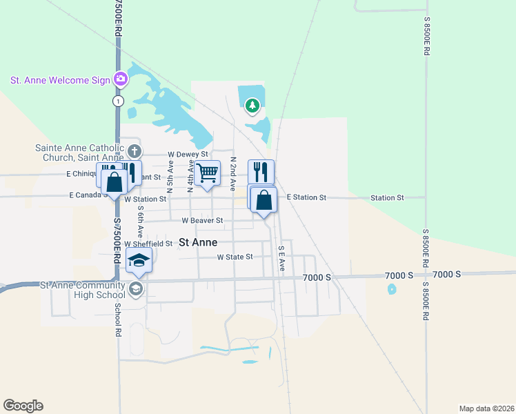 map of restaurants, bars, coffee shops, grocery stores, and more near 101 West Station Street in Saint Anne
