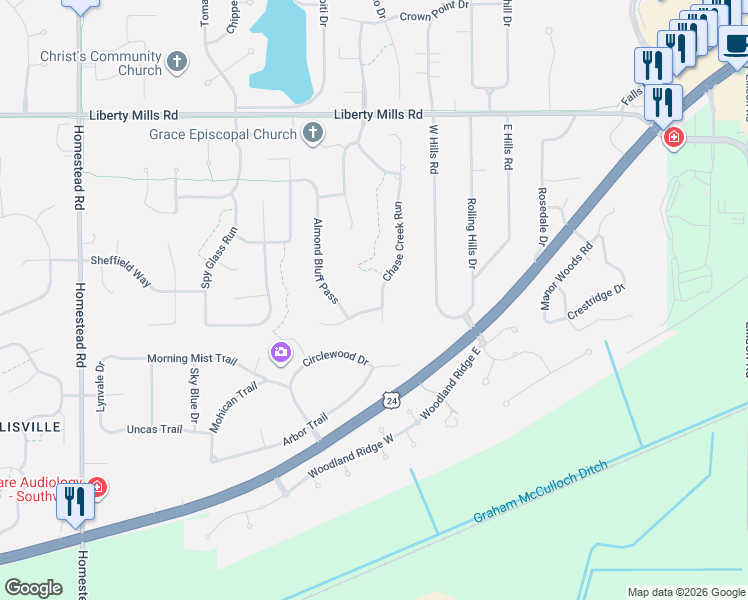 map of restaurants, bars, coffee shops, grocery stores, and more near 9906 Agora Drive in Fort Wayne