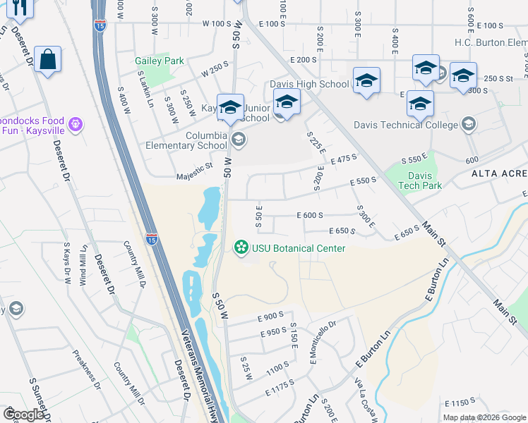 map of restaurants, bars, coffee shops, grocery stores, and more near 62 East 550 South in Kaysville