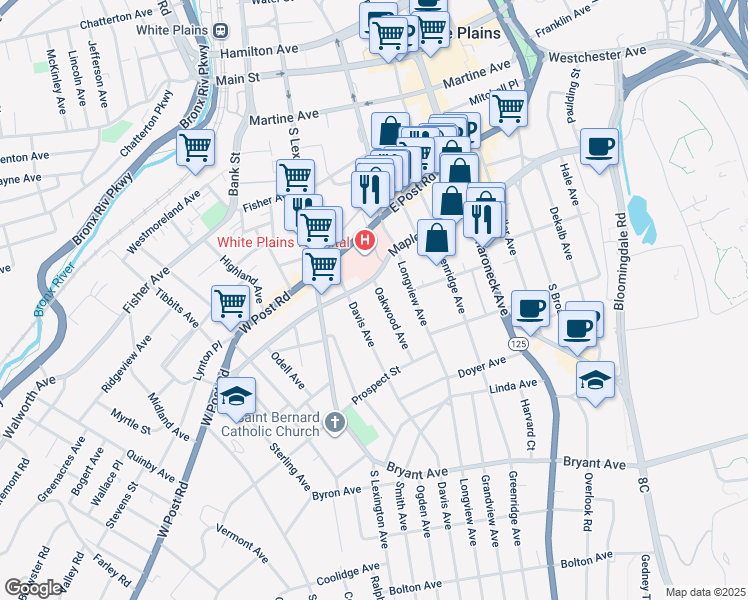 map of restaurants, bars, coffee shops, grocery stores, and more near 5 Oakwood Avenue in White Plains