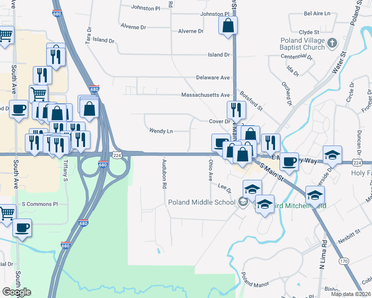map of restaurants, bars, coffee shops, grocery stores, and more near 1940 Boardman Poland Road in Poland