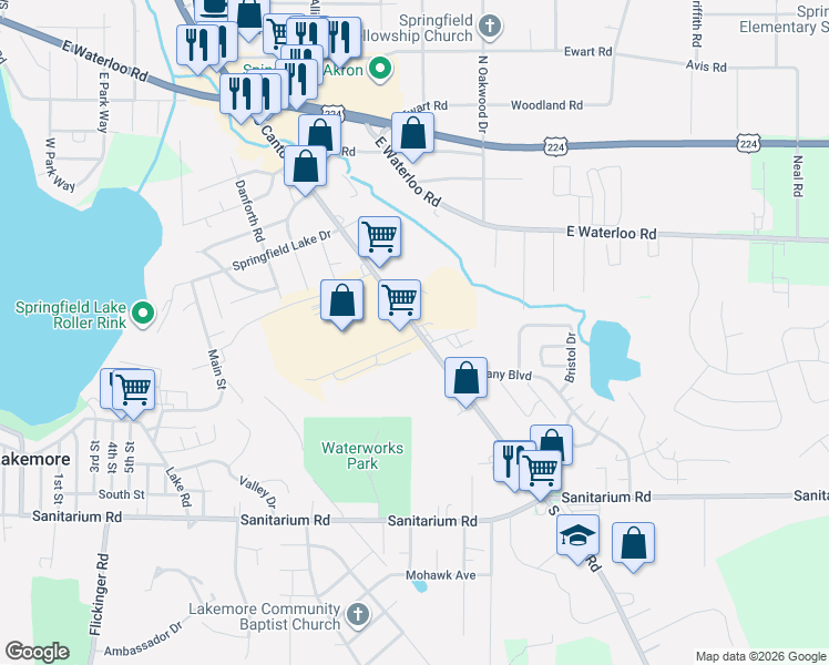 map of restaurants, bars, coffee shops, grocery stores, and more near 1551 Canton Road in Akron
