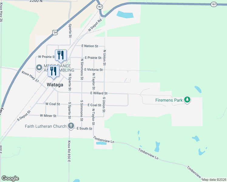 map of restaurants, bars, coffee shops, grocery stores, and more near 447 East Willard Street in Wataga