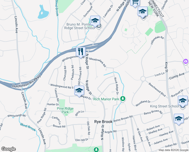 map of restaurants, bars, coffee shops, grocery stores, and more near 12 Eagles Bluff in Rye Brook