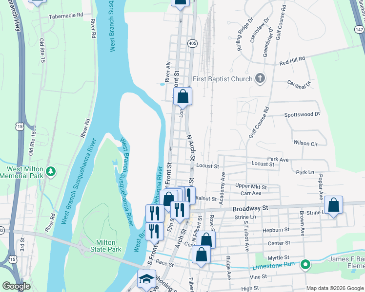 map of restaurants, bars, coffee shops, grocery stores, and more near 37 1st Street in Milton