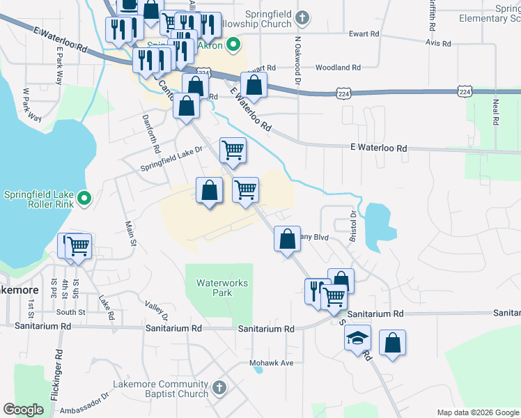 map of restaurants, bars, coffee shops, grocery stores, and more near 1551 South Canton Road in Akron