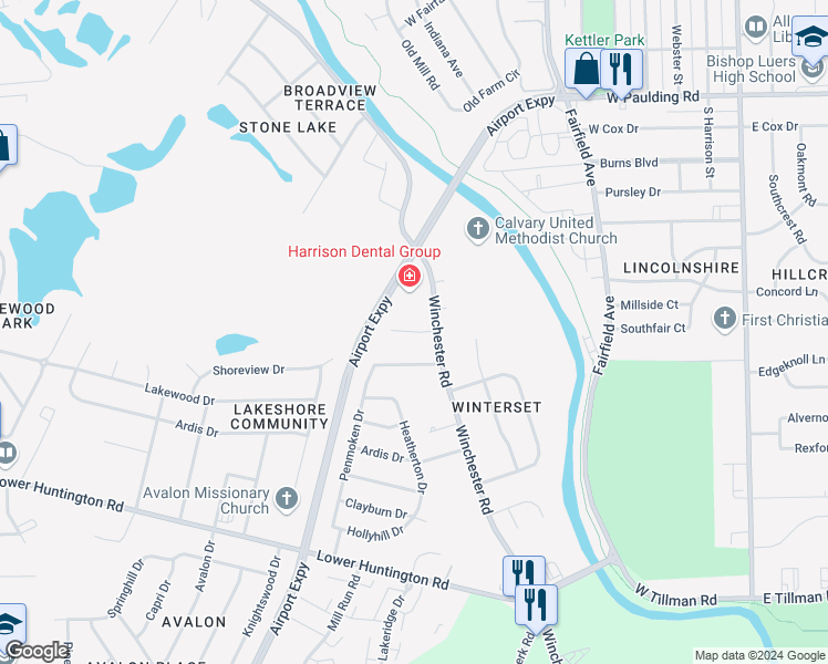 map of restaurants, bars, coffee shops, grocery stores, and more near Pointe Center Cove in Fort Wayne