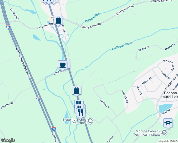 map of restaurants, bars, coffee shops, grocery stores, and more near Serfas Drive in Stroudsburg