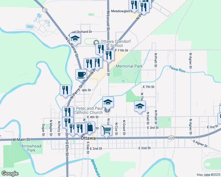 map of restaurants, bars, coffee shops, grocery stores, and more near 151 North Drive in Ottawa