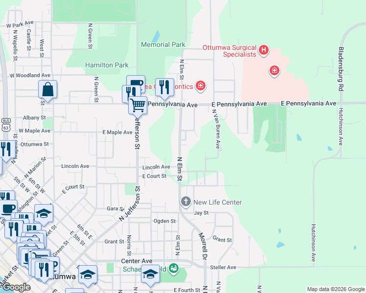 map of restaurants, bars, coffee shops, grocery stores, and more near 1112 Elm Court in Ottumwa