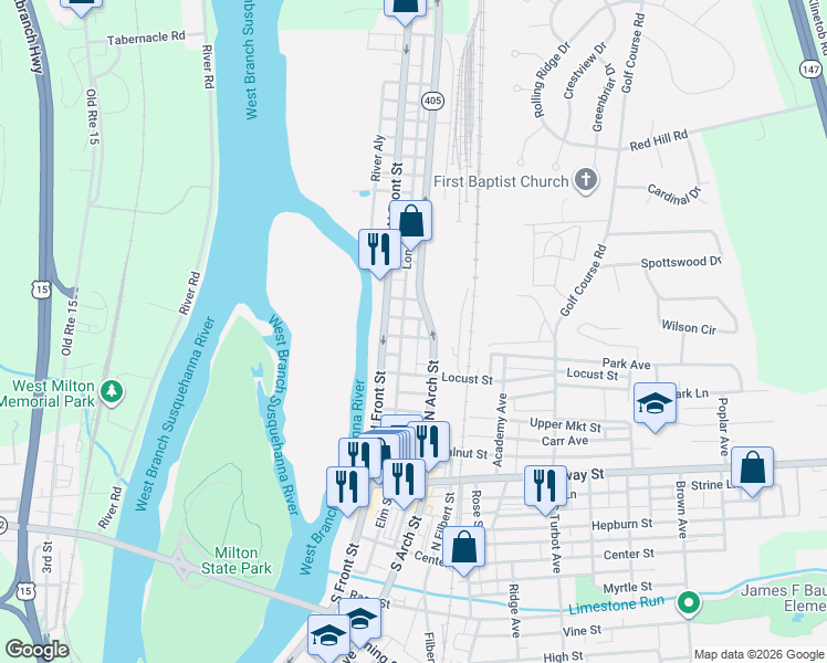 map of restaurants, bars, coffee shops, grocery stores, and more near 37 1st Street in Milton