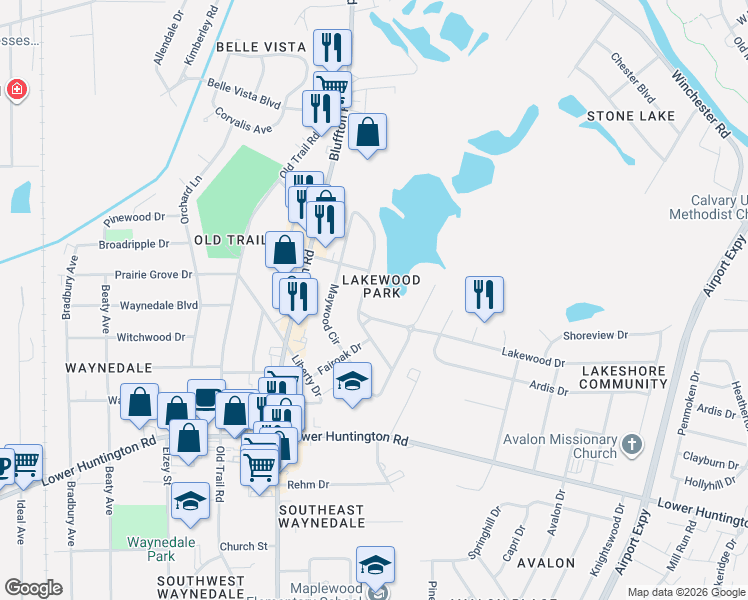 map of restaurants, bars, coffee shops, grocery stores, and more near in Fort Wayne