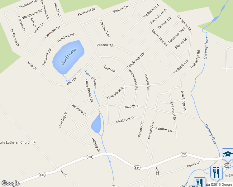 map of restaurants, bars, coffee shops, grocery stores, and more near Timberlane Drive in Albrightsville