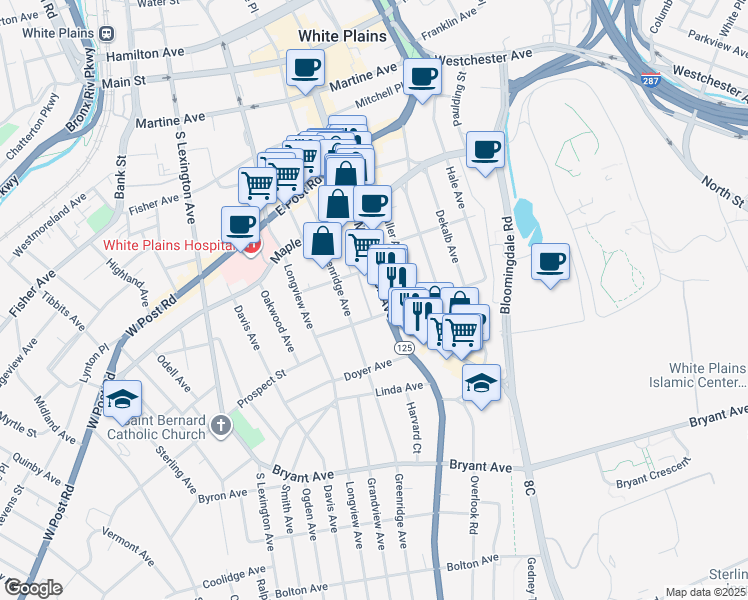 map of restaurants, bars, coffee shops, grocery stores, and more near 300 Mamaroneck Avenue in White Plains