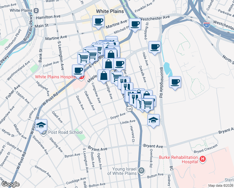 map of restaurants, bars, coffee shops, grocery stores, and more near 300 Mamaroneck Avenue in White Plains