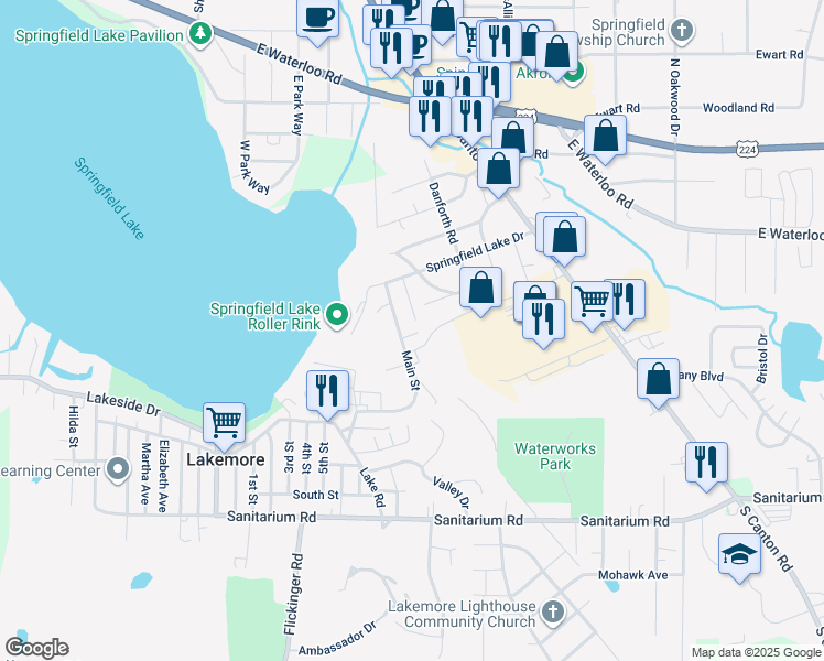 map of restaurants, bars, coffee shops, grocery stores, and more near 1265 Main Street in Lakemore