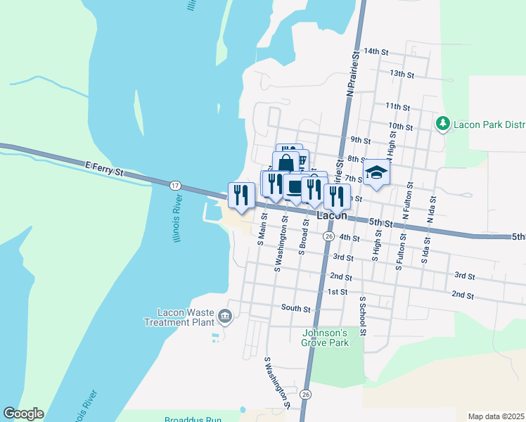 map of restaurants, bars, coffee shops, grocery stores, and more near 201-225 5th St in Lacon