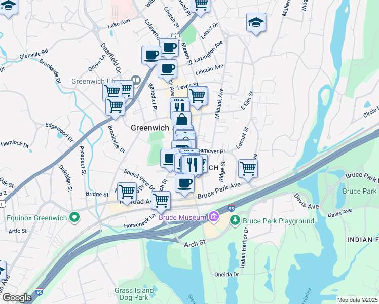 map of restaurants, bars, coffee shops, grocery stores, and more near 15 Havemeyer Place in Greenwich