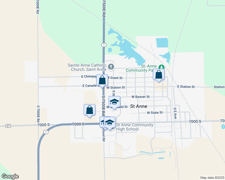 map of restaurants, bars, coffee shops, grocery stores, and more near 604 West Station Street in Saint Anne