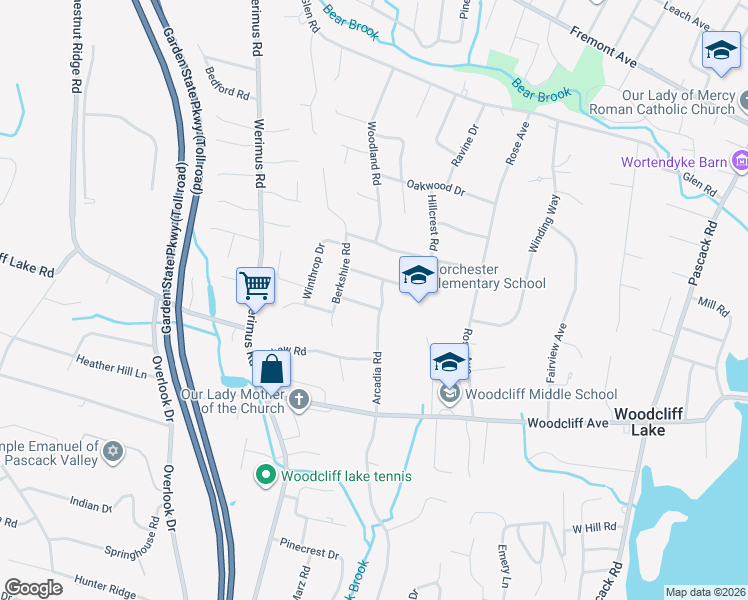 map of restaurants, bars, coffee shops, grocery stores, and more near 59 Arcadia Road in Woodcliff Lake