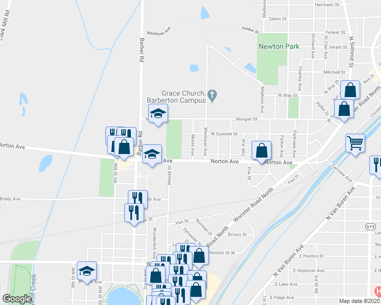 map of restaurants, bars, coffee shops, grocery stores, and more near 520 Miami Avenue in Barberton
