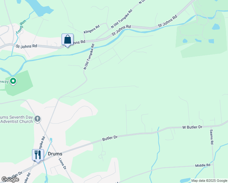 map of restaurants, bars, coffee shops, grocery stores, and more near 115 North Old Turnpike Road in Drums
