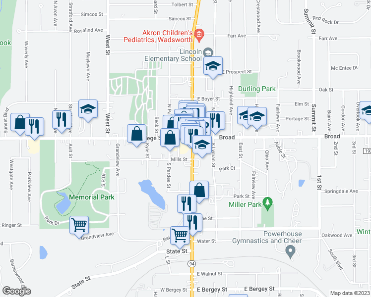 map of restaurants, bars, coffee shops, grocery stores, and more near 132 Main Street in Wadsworth