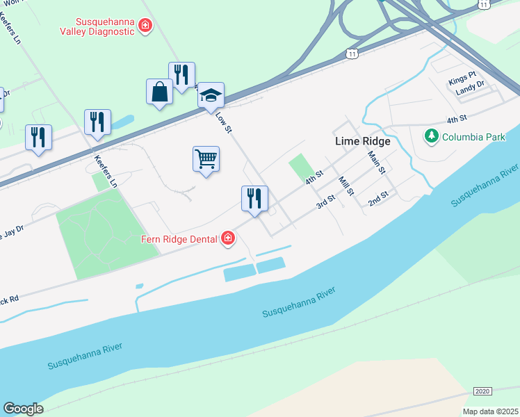 map of restaurants, bars, coffee shops, grocery stores, and more near 6215 4th Street in Bloomsburg