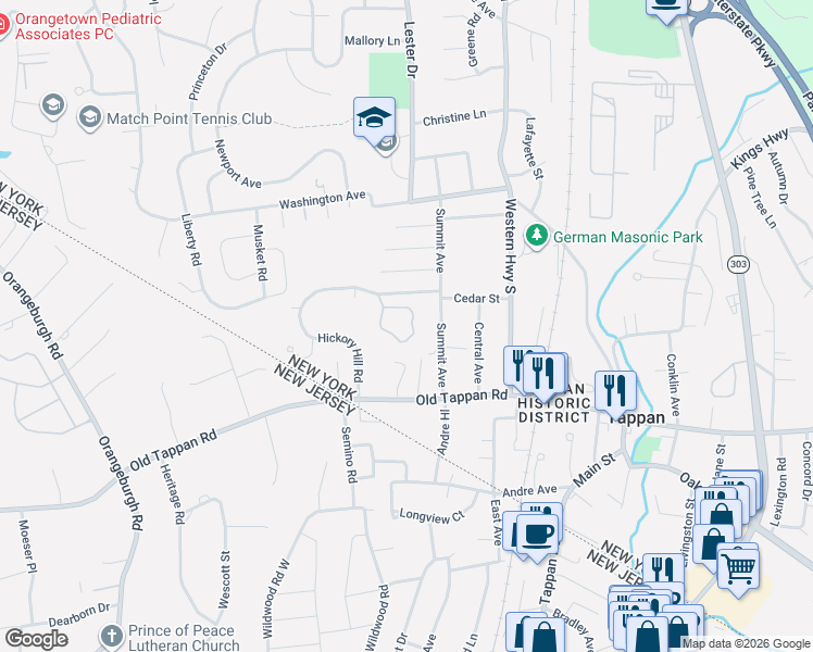 map of restaurants, bars, coffee shops, grocery stores, and more near 54 Hickory Hill Lane in Tappan