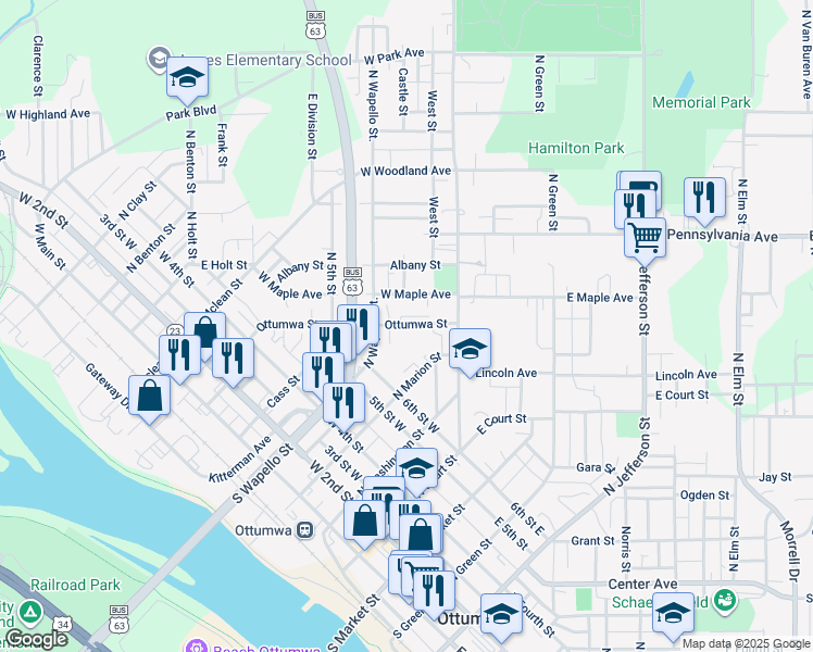 map of restaurants, bars, coffee shops, grocery stores, and more near 220 Ottumwa Street in Ottumwa
