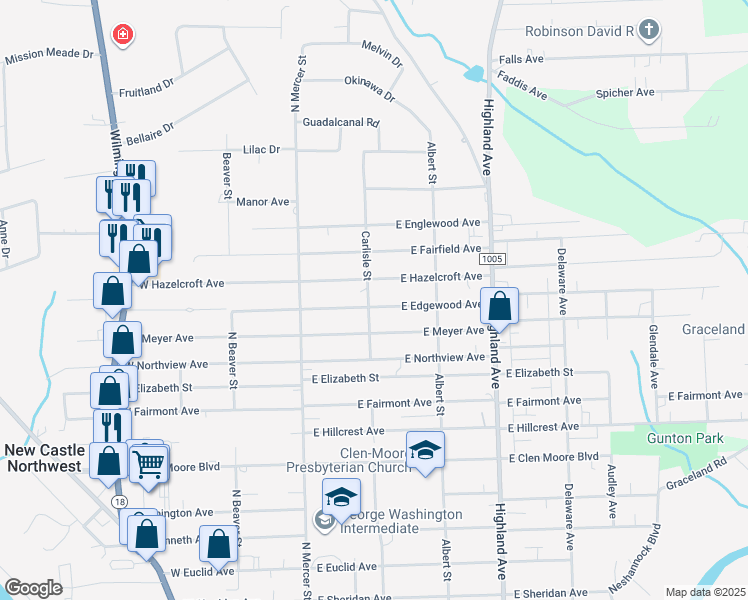 map of restaurants, bars, coffee shops, grocery stores, and more near 208 East Hazelcroft Avenue in New Castle